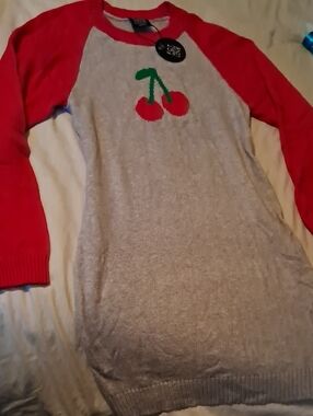 Womens Gray & Red Cherry Raglan Sweater Top/Dress